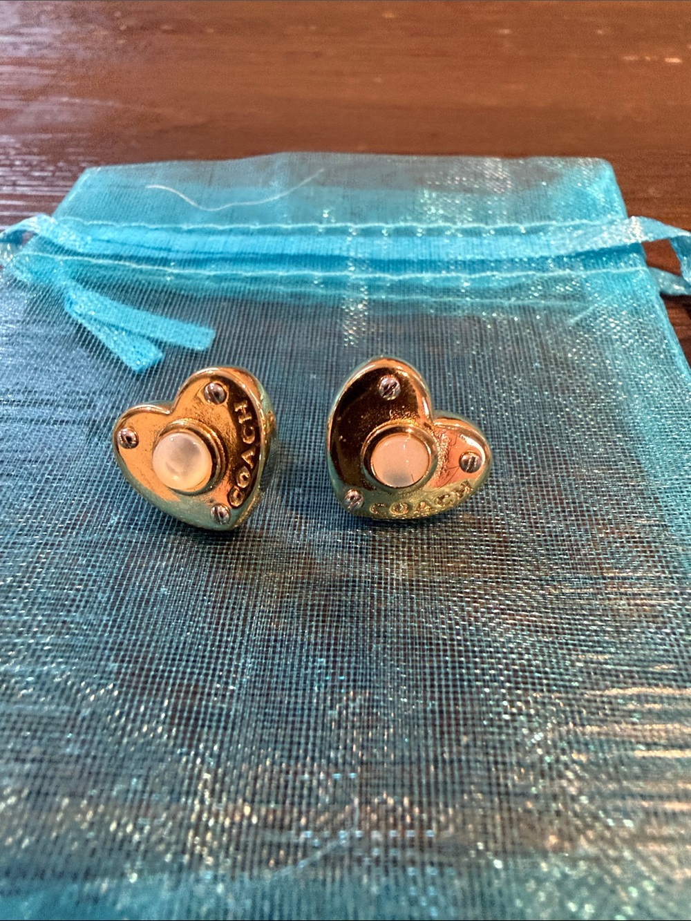 Coach Gold Heart Pearl Accent Stud Earrings